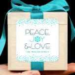 Snowflake Peace Joy Love Modern Typography Holiday Square Sticker<br><div class="desc">“Peace, joy & love.” A fun, playful, dark teal blue and turquoise snowflake illustration and modern typography on a white background help you usher in the holiday season. Additional turquoise confetti dots frame the sticker. Feel the warmth and joy of the holidays whenever you use this stunning, graphic, personalized holiday...</div>