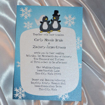 Snowflake Penguin Toon Wedding Invitation by happygotimes at Zazzle