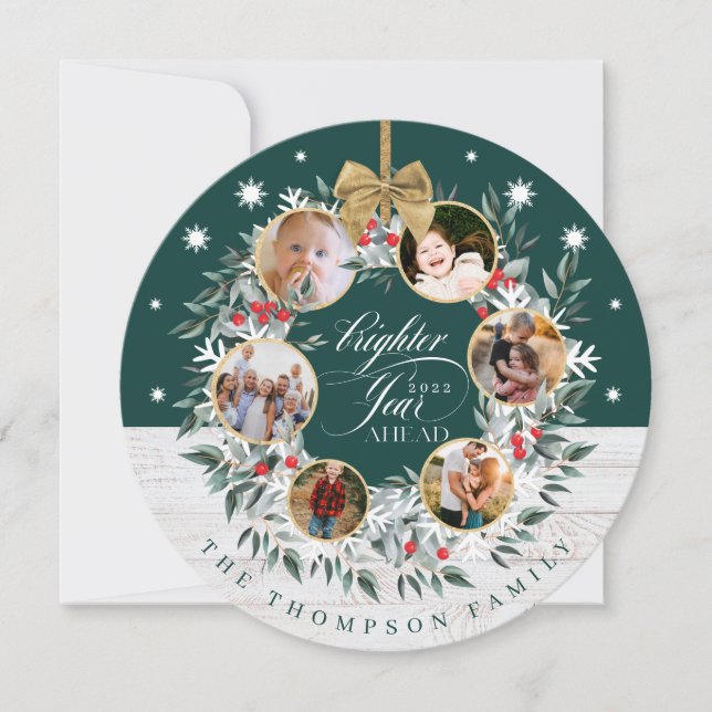 Snowflake Photo Collage Wreath Green & White Wood Holiday Card (Front)