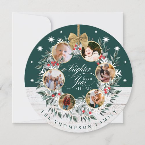 Snowflake Photo Collage Wreath Green  White Wood Holiday Card