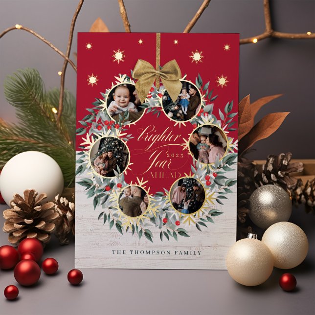 Snowflake Photo Collage Wreath Navy & White Wood F Foil Holiday Card (Snowflake Photo Collage Wreath Navy & White Wood F Foil Holiday Card)