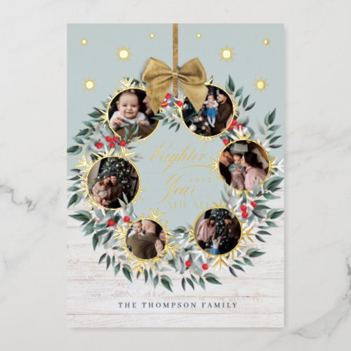 Snowflake Photo Collage Wreath Navy  White Wood Foil Holiday Card