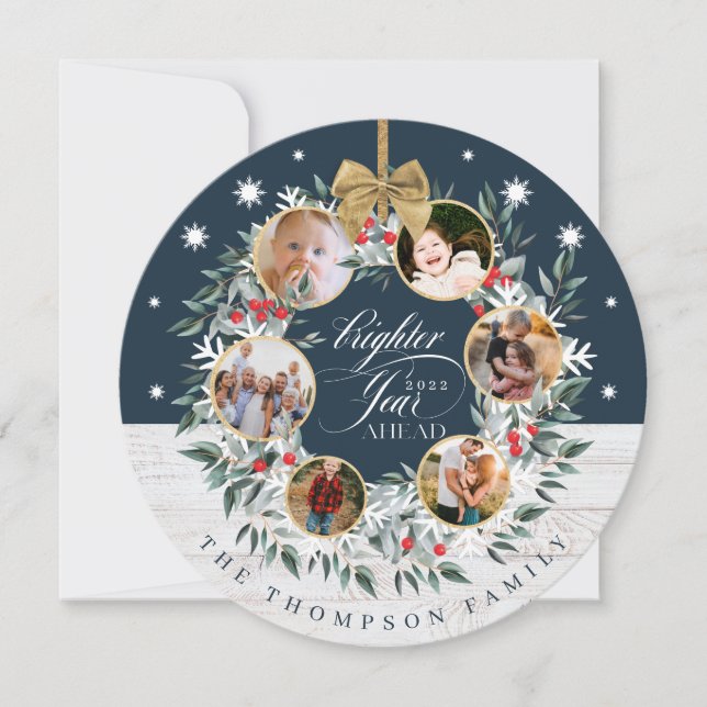 Snowflake Photo Collage Wreath Navy & White Wood Holiday Card (Front)