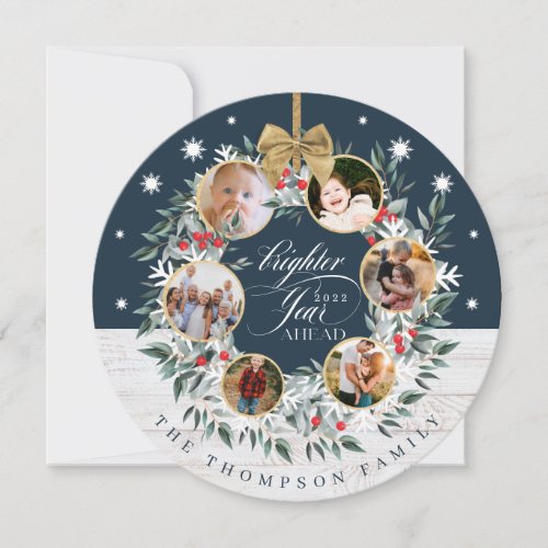 Snowflake Photo Collage Wreath Navy  White Wood Holiday Card