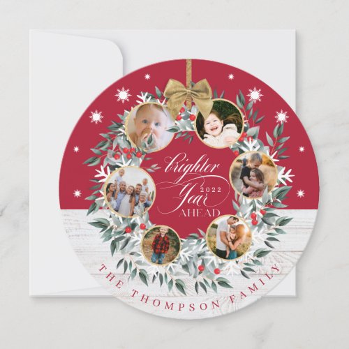 Snowflake Photo Collage Wreath Red  White Wood Holiday Card