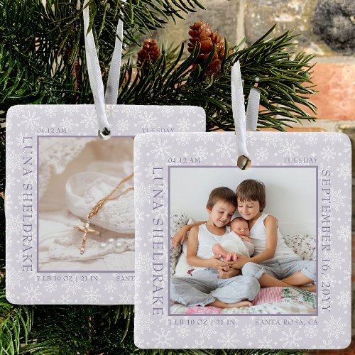 Snowflake Photo Frame Baby Birth Stats Lavender Ceramic Ornament