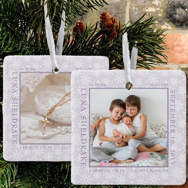 Snowflake Photo Frame Baby Birth Stats Lavender Ceramic Ornament (Creator Uploaded)