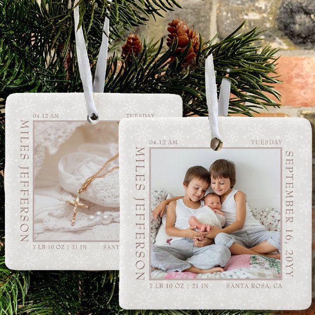 Snowflake Photo Frame Baby Birth Stats Natural Ceramic Ornament (Creator Uploaded)