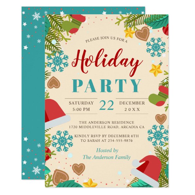 Snowflake Pine Tree Teal Blue Holiday Party Invitation