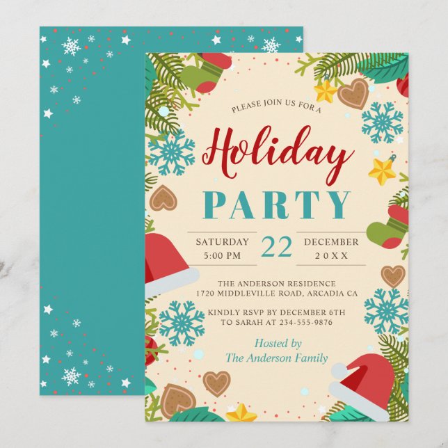 Snowflake Pine Tree Teal Blue Holiday Party Invitation (Front/Back)