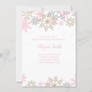 Snowflake Pink and Gold Glitter Winter Baby Shower Invitation