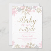Snowflake Pink and Gold Glitter Winter Baby Shower Invitation (Front)