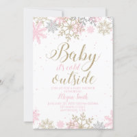 Snowflake Pink and Gold Glitter Winter Baby Shower Invitation