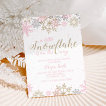 Snowflake Pink and Gold Glitter Winter Baby Shower Invitation