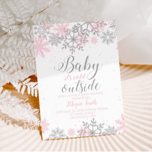 Snowflake Pink and Silver Glitter Baby Shower Invitation