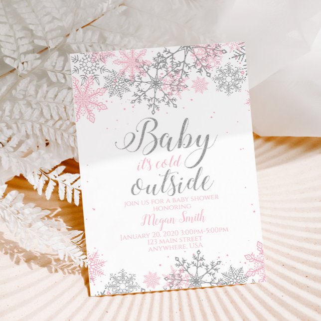 Snowflake Pink and Silver Glitter Baby Shower Invitation (Creator Uploaded)