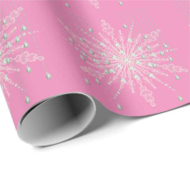 Snowflake pink diamond sparkle elegant winter wrapping paper (Roll Corner)