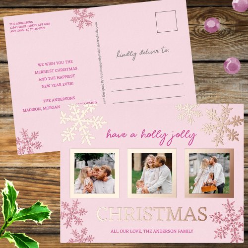 Snowflake Pink Glam 3 Photo Christmas Rose Gold Foil Holiday Postcard