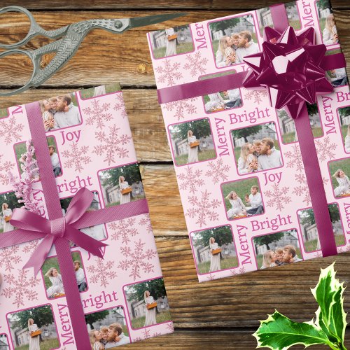 Snowflake Pink Glam 3 Photo Collage Christmas Wrapping Paper