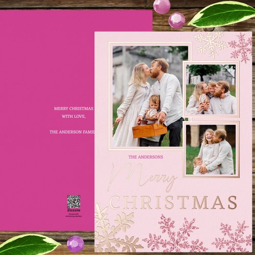 Snowflake Pink Glam 3 Photo Collage Rose Gold Foil Holiday Card