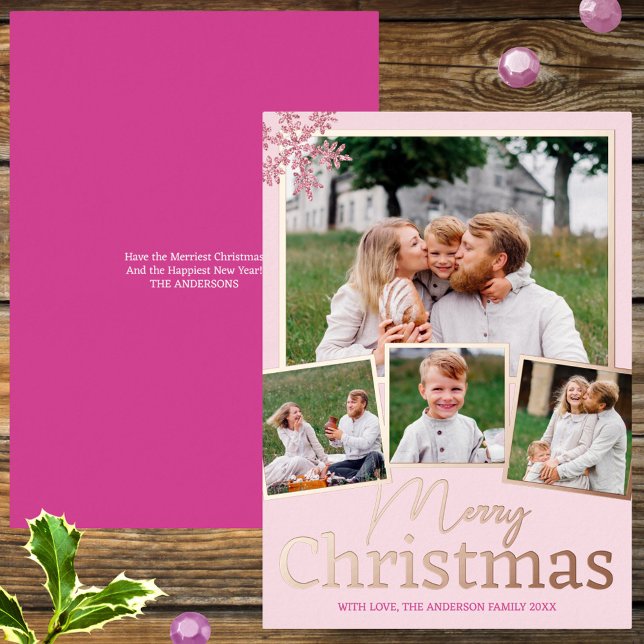 Snowflake Pink Glam 4 Photo Collage Rose Gold Foil Holiday Card (These pink snowflake 4 photo Christmas cards with real foil accents are ready for you to personalize)