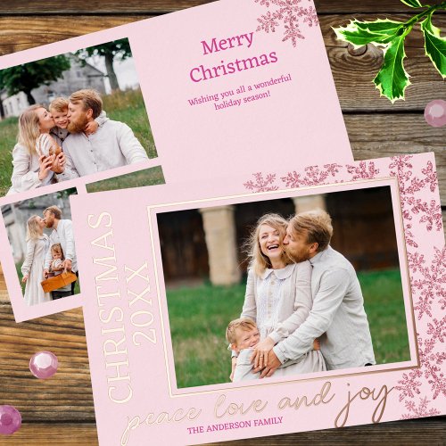 Snowflake Pink Glam 4 Photo Year Chic Rose Gold Foil Holiday Card