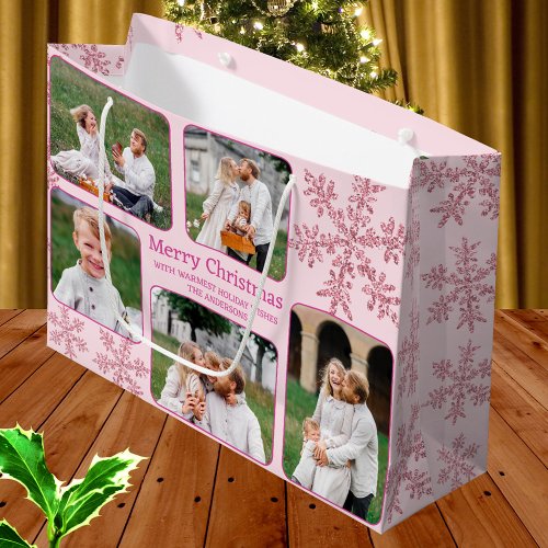 Snowflake Pink Glam 5 Photo Collage Christmas Large Gift Bag