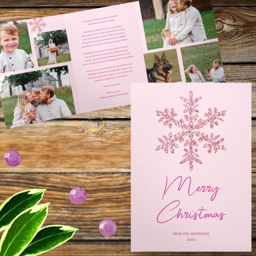 Snowflake Pink Glam 6 Pic Merry Multi Photo Tri_Fold Holiday Card