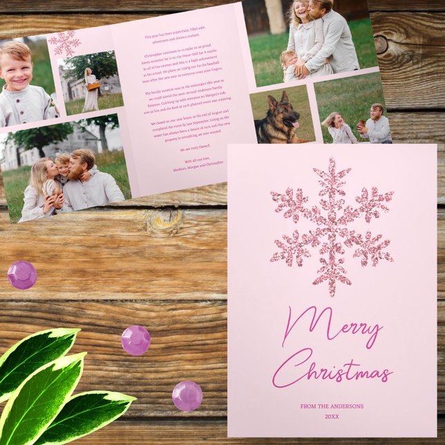 Snowflake Pink Glam 6 Pic Merry Multi Photo Tri-Fold Holiday Card (Add your photos and personalized text for one of a kind pink snowflake holiday greeting cards)