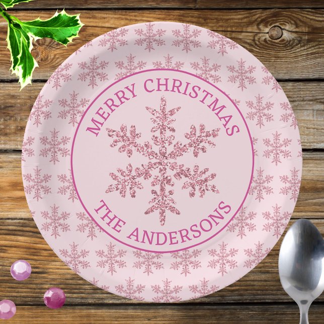 Snowflake Pink Glam Celebration Christmas Paper Plates (Dress your Christmas table with custom holiday paper plates with faux glitter pink snowflakes!)