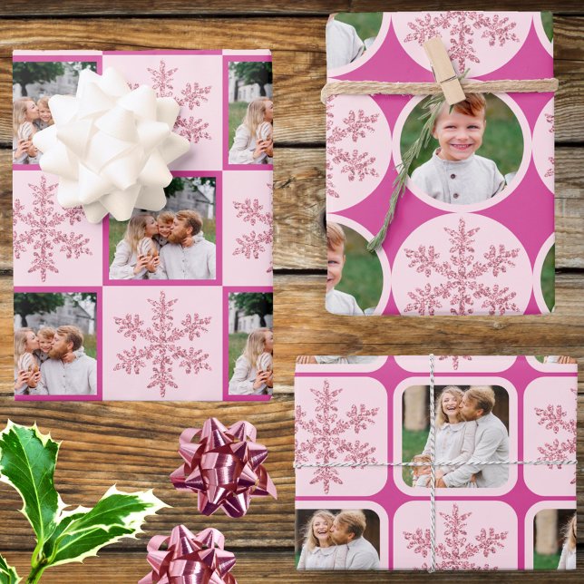 Snowflake Pink Glam Classic 3 Photo Christmas Wrapping Paper Sheets (Your photos and my faux glitter pink snowflakes make this Christmas wrapping paper so very chic )