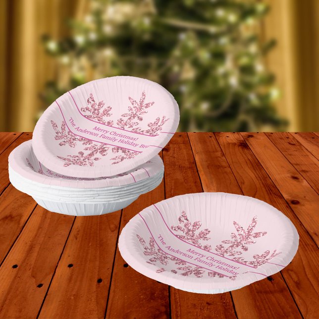 Snowflake Pink Glam Cute Christmas Party Paper Bowls (Festive Christmas paper bowls with faux sparkle pink snowflakes... what could be more fun?)