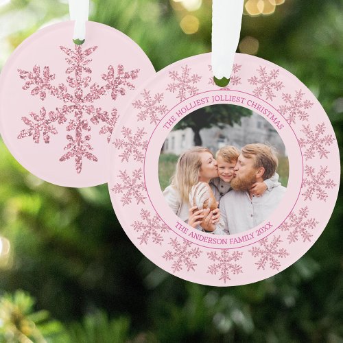 Snowflake Pink Glam Cute Christmas Round Photo Ornament