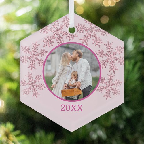 Snowflake Pink Glam Cute Family Photo Christmas Glass Ornament