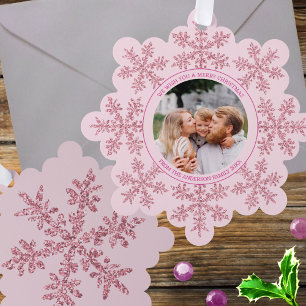 Snowflake Pink Glam Cute Family Photo Christmas Ornament Card