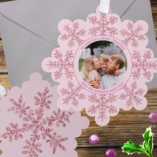 Snowflake Pink Glam Cute Family Photo Christmas Ornament Card