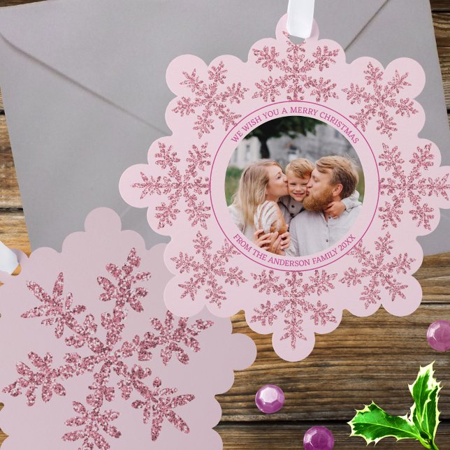 Snowflake Pink Glam Cute Family Photo Christmas Ornament Card (Personalized paper ornament cards, so fun! Add your photo to the pink faux glitter snowflake design)