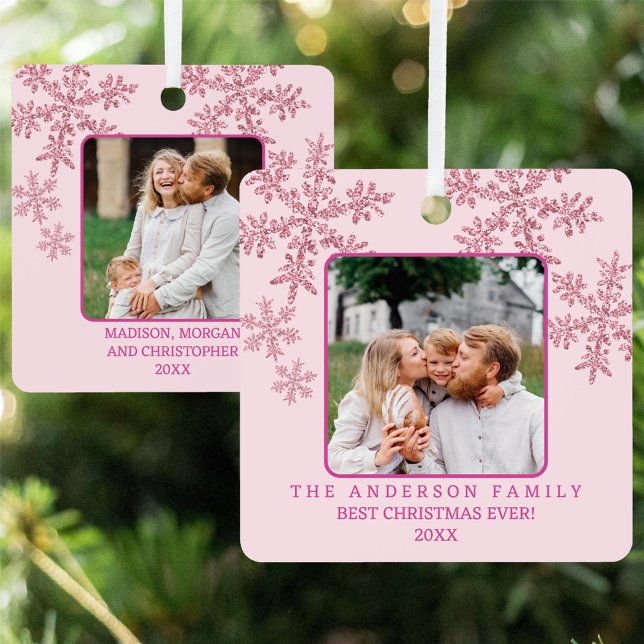 Snowflake Pink Glam Elegant 2 Photo Christmas Metal Ornament (Custom double sided 2 photo ornament so you can display two separate pictures on your Christmas tree)