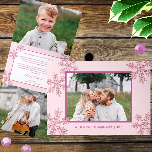 Snowflake Pink Glam Elegant 5 Photo Collage Tri_Fold Holiday Card