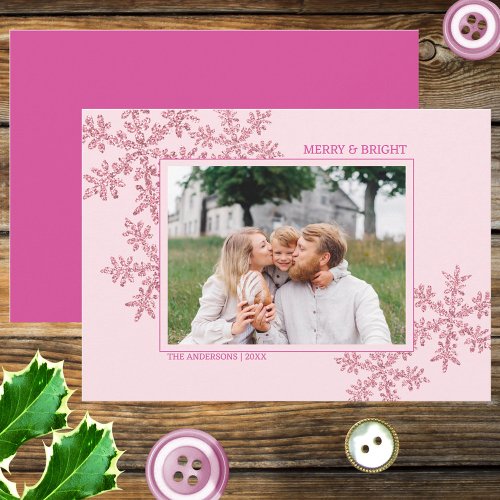 Snowflake Pink Glam Elegant Christmas Photo Holiday Card