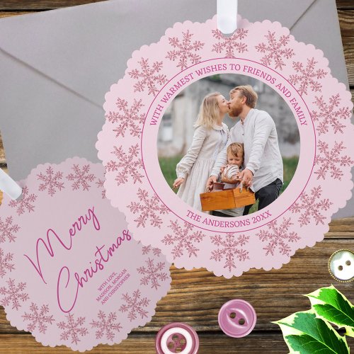 Snowflake Pink Glam Elegant Photo Christmas Ornament Card