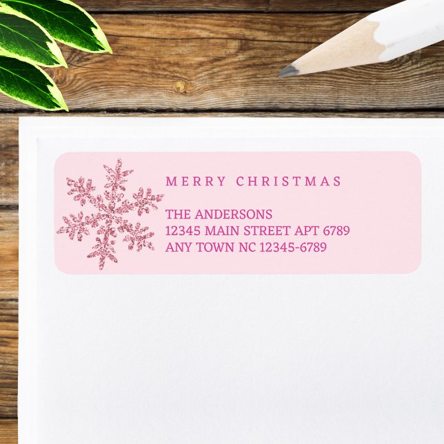 Snowflake Pink Glam Informal Casual Christmas Label (Custom Merry Christmas return address labels with pink faux sparkle snowflakes just feel so right)