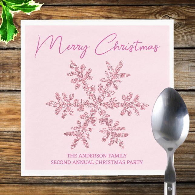 Snowflake Pink Glam Minimal Christmas Party Napkins (Pink snowflake paper napkins perfect for holiday parties, lunches, dinners and brunches.)