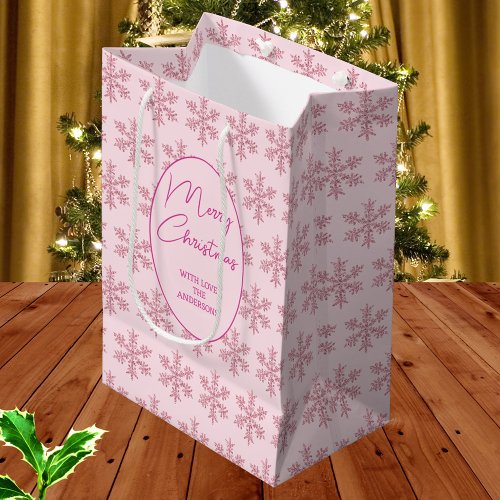 Snowflake Pink Glam Pattern Christmas Script Medium Gift Bag