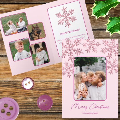 Snowflake Pink Glam Trendy Script Chic 5 Photo Holiday Card