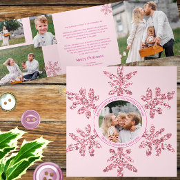 Snowflake Pink Glam Unique 7 Pic Multi Photo Tri-Fold Holiday Card