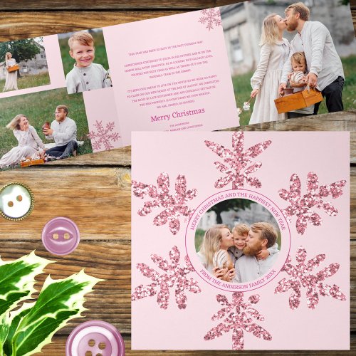 Snowflake Pink Glam Unique 7 Pic Multi Photo Tri_Fold Holiday Card