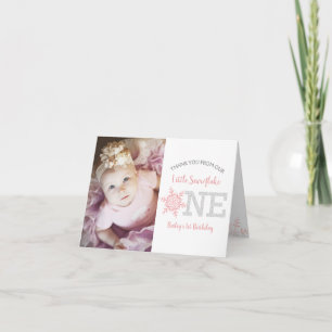 Snowflake Pink Glitter 1st Birthday Girl Thank You Card