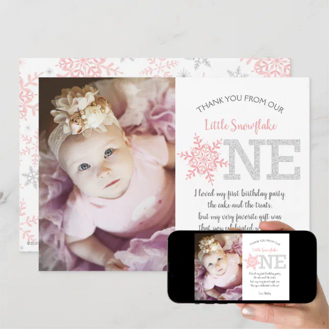 Snowflake Pink Glitter 1st Birthday Thank You Card | Zazzle