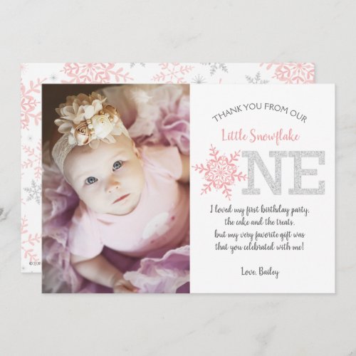 Snowflake Pink Glitter 1st Birthday Thank You Card